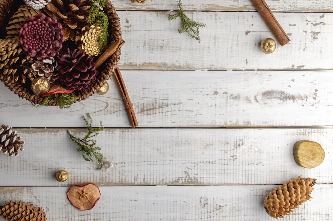 assorted-color pine cones on white wooden surface