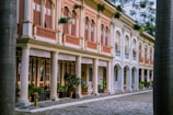 A row of historic colonial-style buildings with arched windows, decorative wooden shutters, and a pastel color palette. Tall columns support the front façade, framing a shaded walkway lined with potted plants. The cobblestone street adds to the vintage charm, lined with large trees that partly obscure the second level of the buildings.