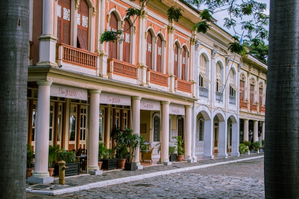 A row of historic colonial-style buildings with arched windows, decorative wooden shutters, and a pastel color palette. Tall columns support the front façade, framing a shaded walkway lined with potted plants. The cobblestone street adds to the vintage charm, lined with large trees that partly obscure the second level of the buildings.