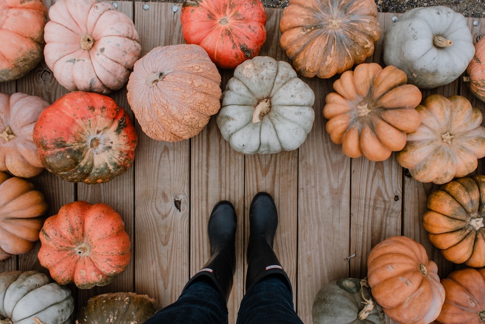 person standing on brown hardwood floor surrounded by pumpkins