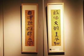 Two wall-mounted frames display vertical banners with Chinese calligraphy. The banners are placed against a neutral wall, with lighting focused on them to highlight the intricate details of the characters. Each frame consists of a wooden border and a paper backing with bold black calligraphy on a colored background.