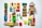 A collection of colorful toys arranged on a white surface, including wooden blocks, a sock monkey, toy cars, a Rubik's cube, train pieces, LEGO bricks, a green ring, a miniature traffic cone, a lollipop toy, and small figurines.