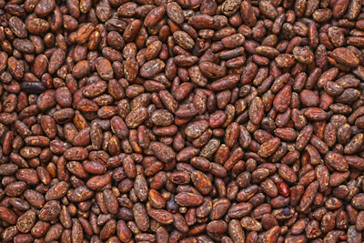 Close-up of rich, dark cacao beans spilling from a rustic burlap sack.