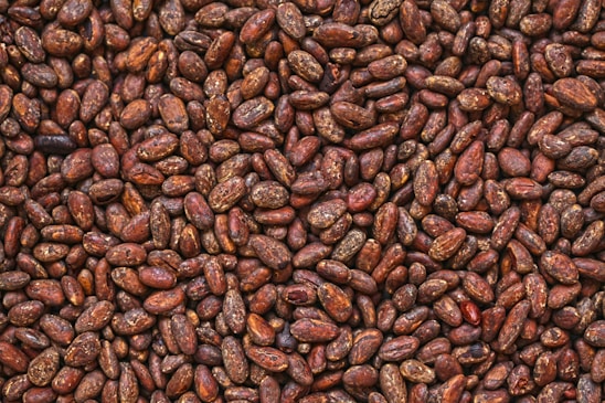 A close-up view of numerous brown cocoa beans densely packed together, displaying variations in shades and textures.
