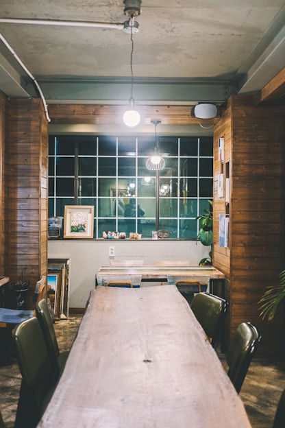 Cozy wooden dining table set in a warm, inviting home setting