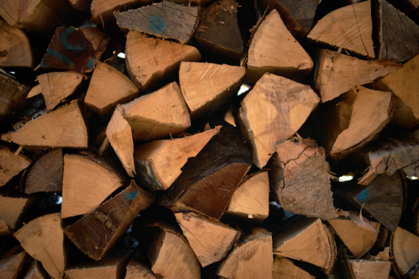 Close-up of stacked wooden pellets and briquettes ready for delivery.