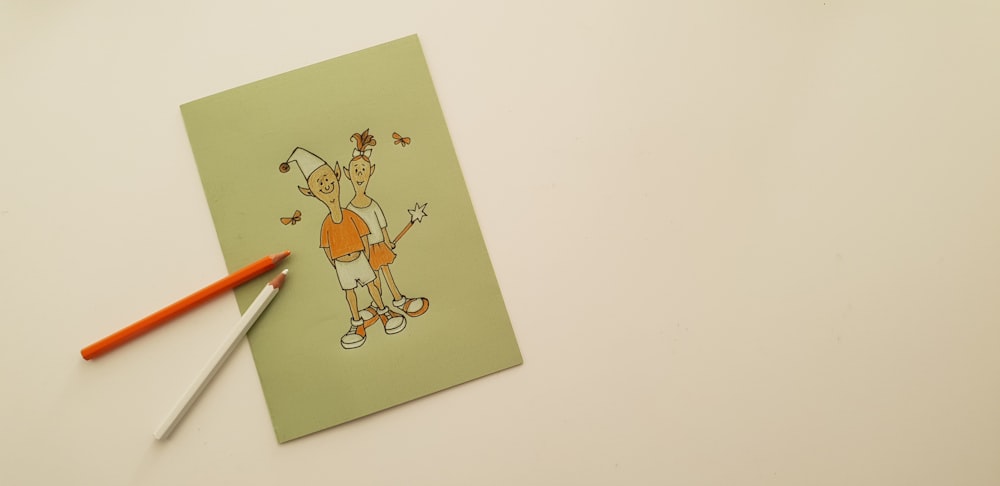 two character illustration and orange and white pencil