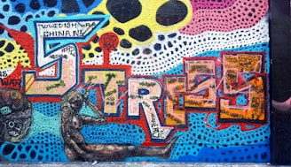 A vibrant and detailed graffiti artwork on a wall, featuring vivid colors and abstract shapes. The piece has words written within the design, including words like 'WAR' and 'ARMAMENT.' The background consists of bright blues, yellows, and pinks, with large black dots and intricate line patterns. A nude figure is depicted at the bottom, adding to the surreal nature of the artwork.
