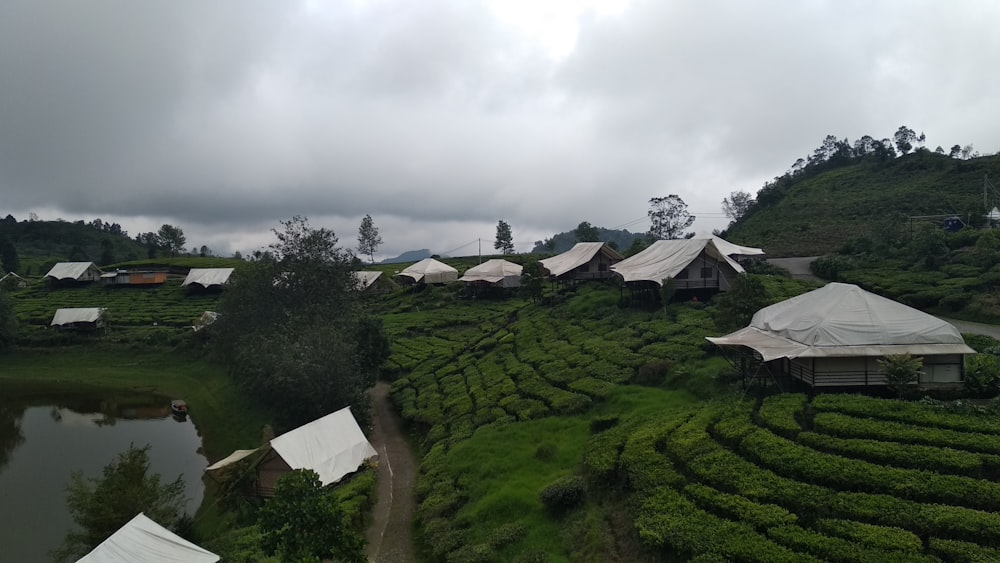 black and white houses in green field near mountain