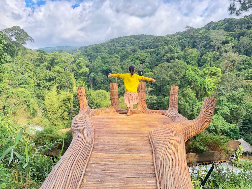 woman standing on brown wooden dock