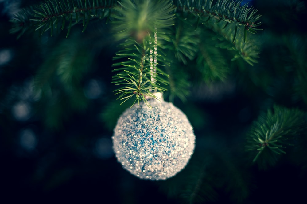 silver Christmas bauble hung on a tree