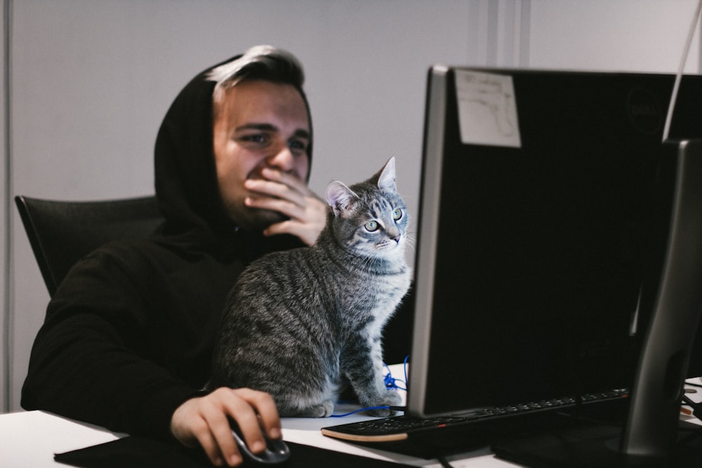 man using computer desktop front of cat