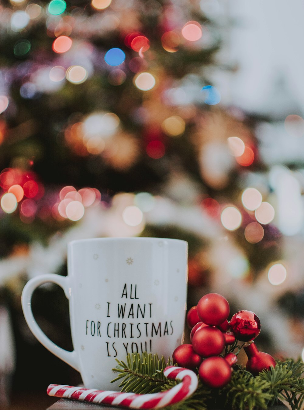 white and black text ceramic mug beside candy cane