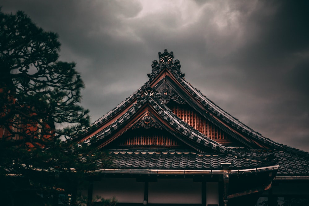 black roof house beside tree