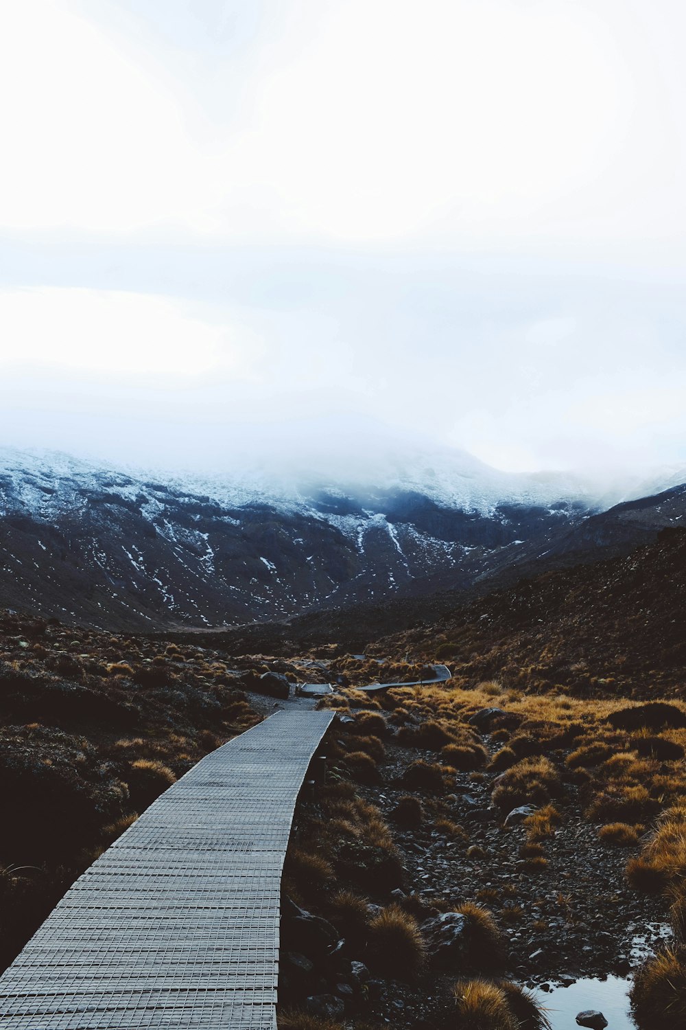 brown wooden bridge towards mountains