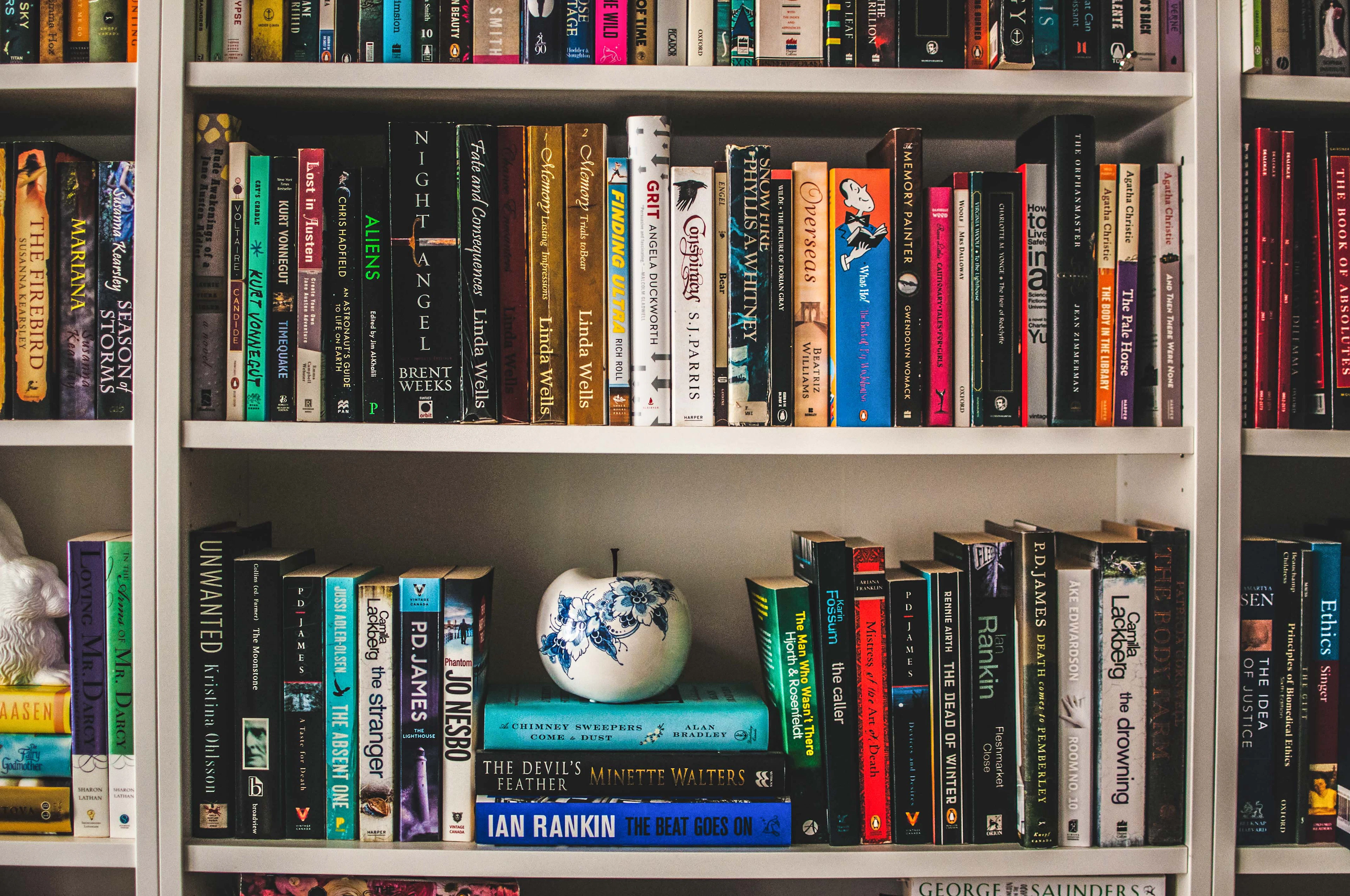 Books on a white wooden shelf