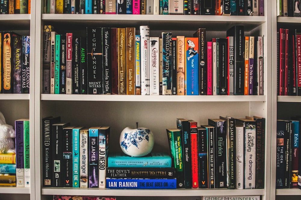 assorted-labeled book lot on white wooden shelf