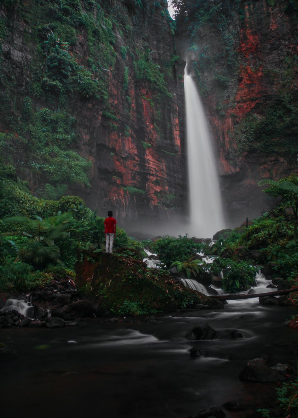 person standing on rock overlooking on waterfalls