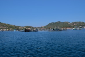 A serene coastal landscape featuring a sprawling fish farm on a calm blue sea. Hills with sparse vegetation rise in the background under a clear blue sky. The fish enclosures consist of various floating structures in the water.
