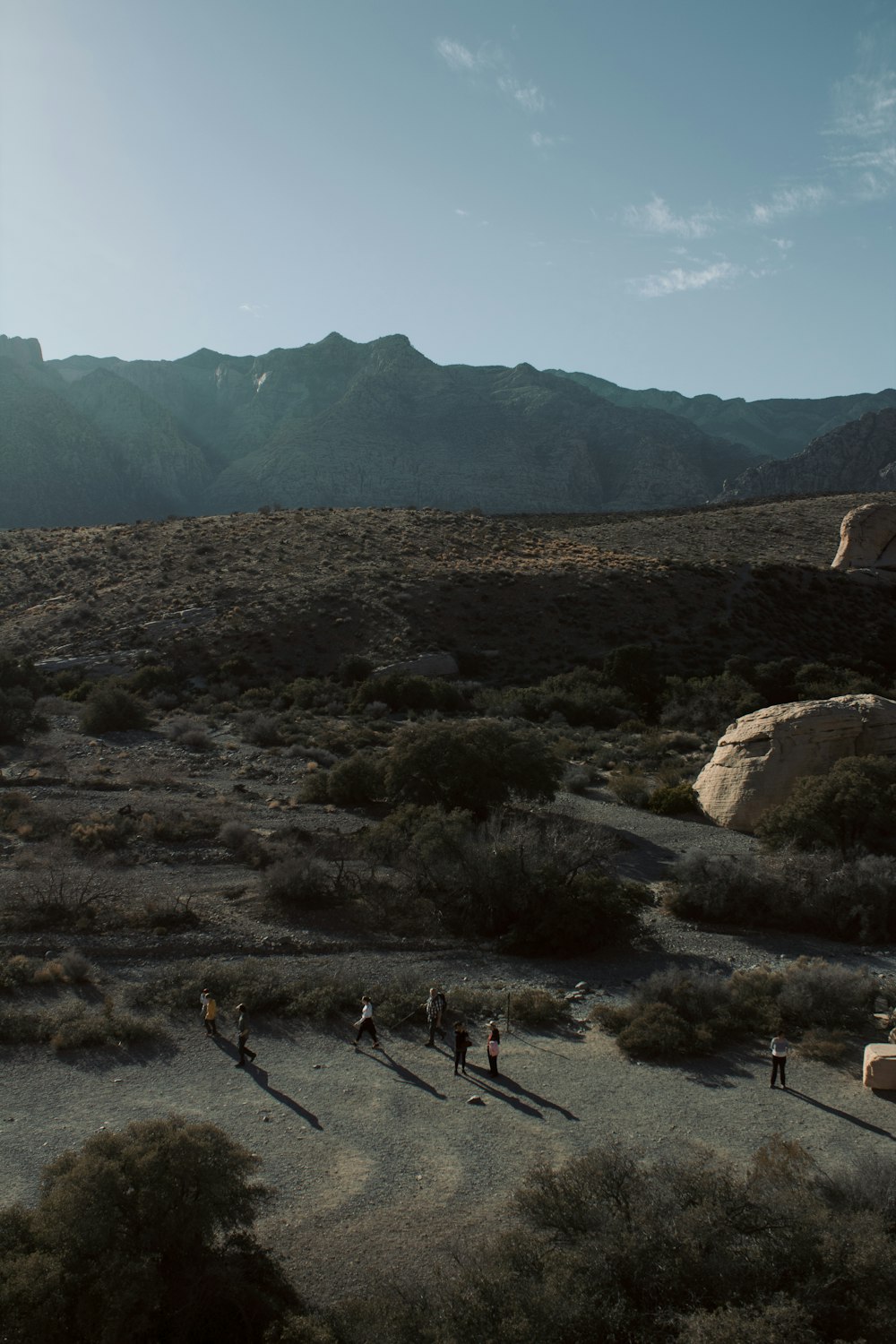 a group of people standing on top of a dirt field