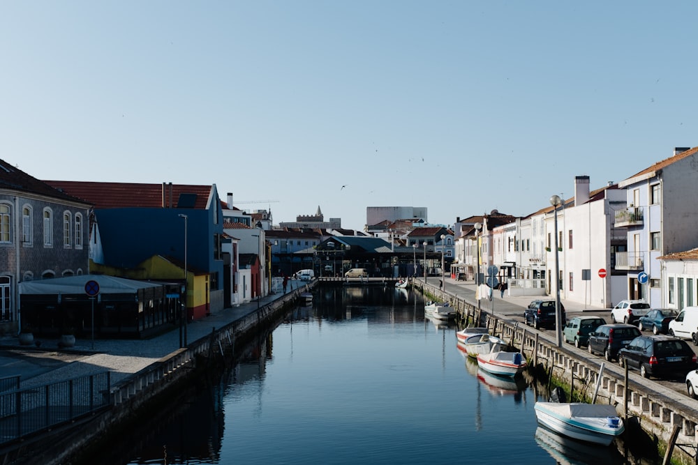 boats on calm water near buildings