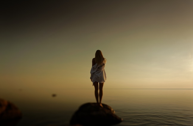 A person stands alone on a rock, gazing into a vast, calm body of water under a hazy sky. They are wearing a loose, long-sleeved garment with text on the back, and the scene suggests solitude and introspection.