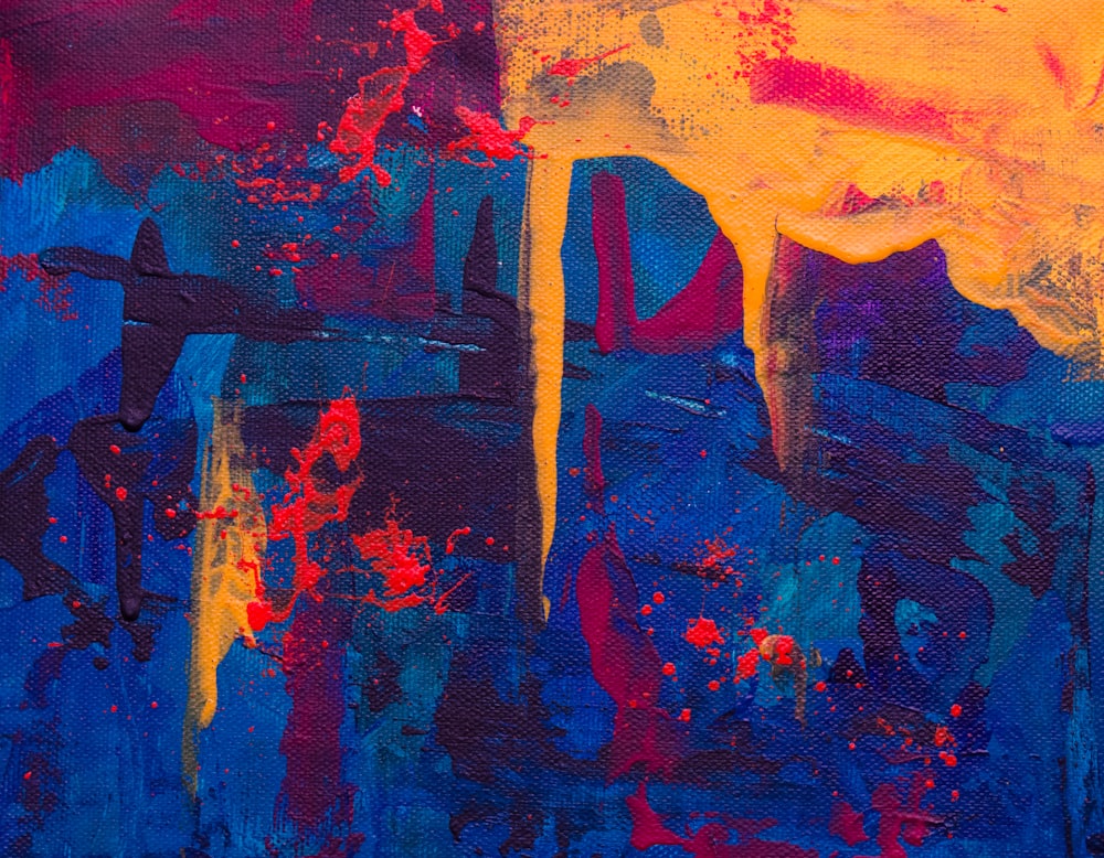 pintura abstrata laranja, azul e rosa
