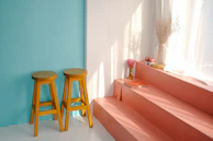 A room corner features two tall wooden stools with round seats placed against a soft teal wall. Adjacent to them are steps painted in a muted coral color, under soft, diffused natural light from a nearby window with sheer white curtains. Atop the steps are decorative items including a vase filled with pink flowers, a couple of stacked books with red covers, and a few canned goods. Another taller vase with dried branches is positioned against the wall, creating an inviting and serene atmosphere.