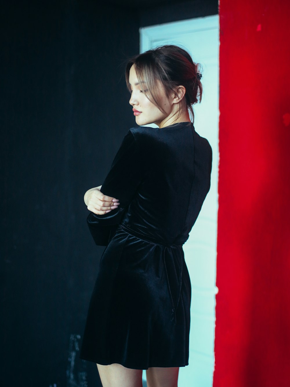 women's black silk long-sleeved dress