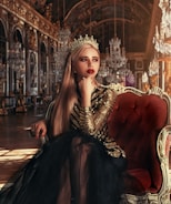 A woman with long blonde hair sits elegantly on a plush red chair wearing a golden crown and shimmering gold and black dress. The background features an opulent hall with large mirrors, chandeliers, and intricate gold details, suggesting a palace setting.