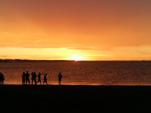 A joyful group of travelers enjoying a sunset on a tropical beach.