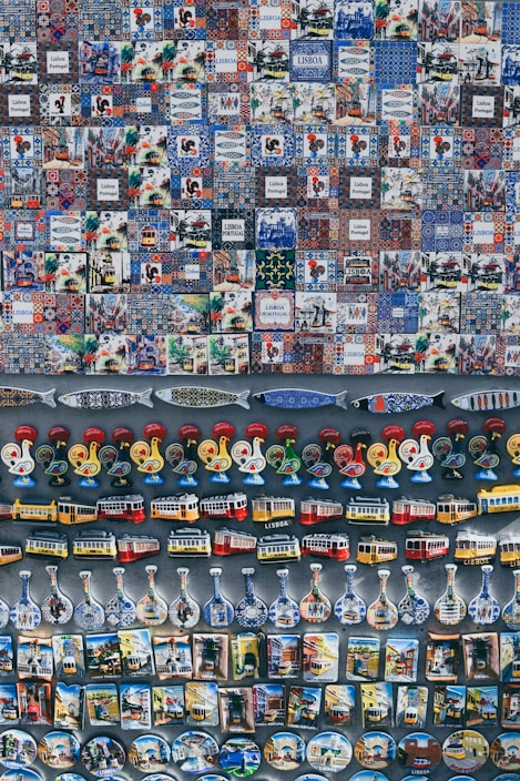 A vibrant display of traditional Portuguese food products arranged on a rustic wooden table.