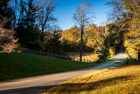 A winding road stretches through a picturesque countryside, flanked by vibrant trees showing autumn colors. A yellow car travels along the road under a clear blue sky, surrounded by lush greenery and wooden fences.