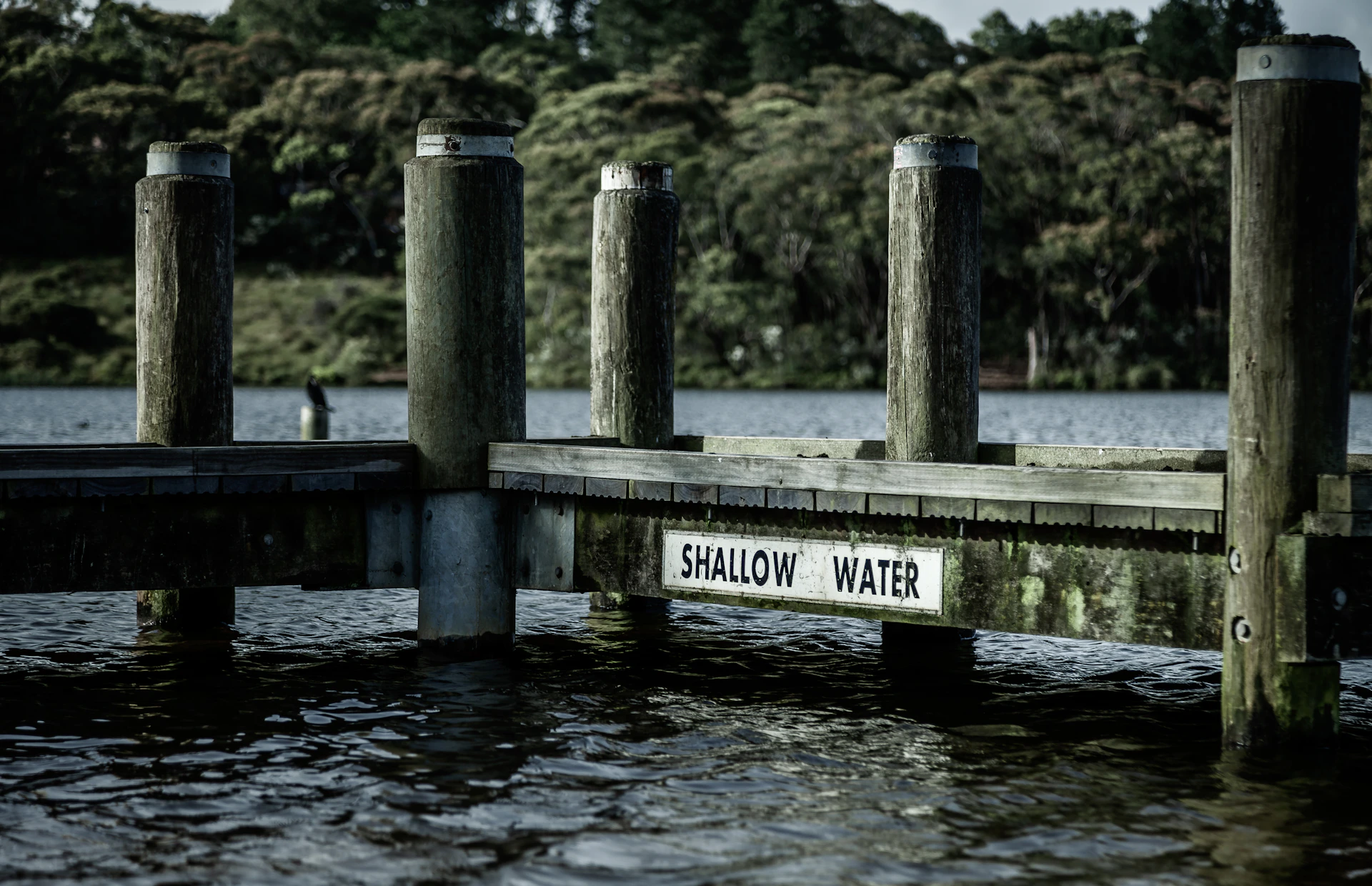 a wooden dock with a sign that says shallow water