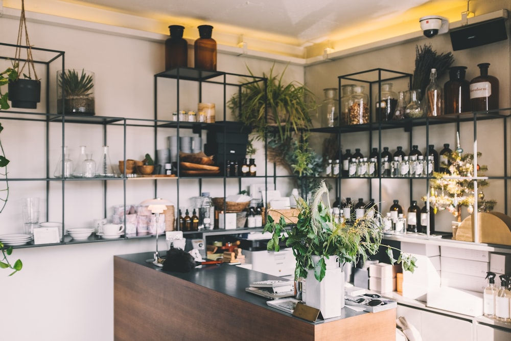 jars and dinnerwares on rack