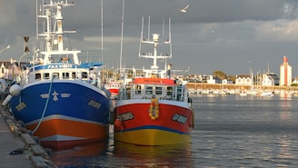 Two fishing boats docked at a harbor, one painted in bright blue and orange and the other in red and yellow, are positioned side by side. The harbor is lined with small buildings, and a lighthouse with red accents stands prominently. A few seagulls are flying in the cloudy sky above.