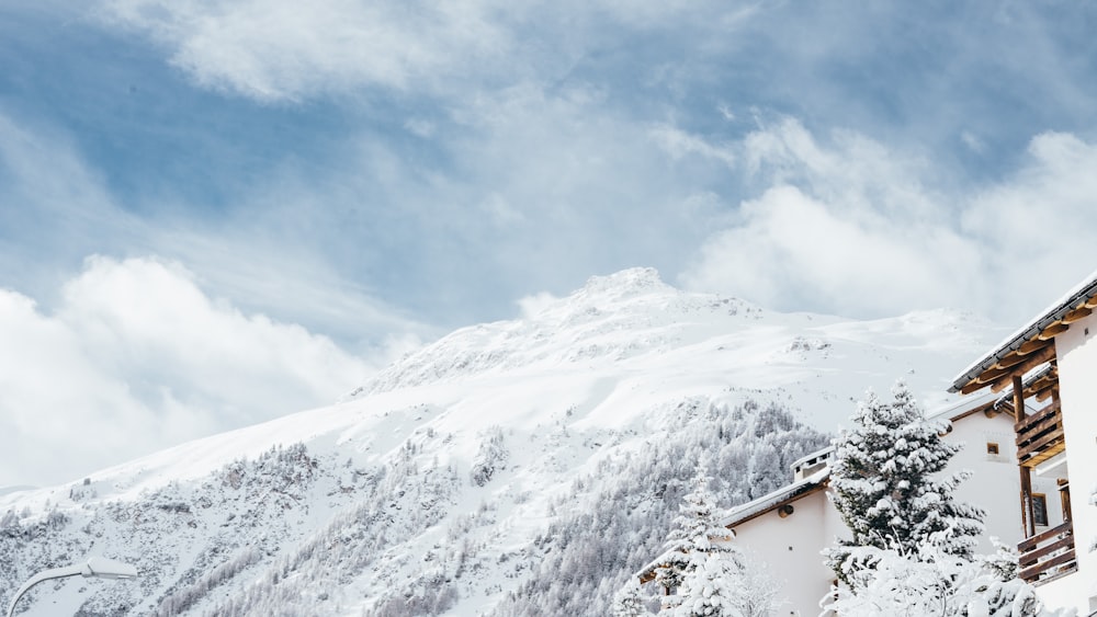 maison blanche et brune et montagne couverte de neige