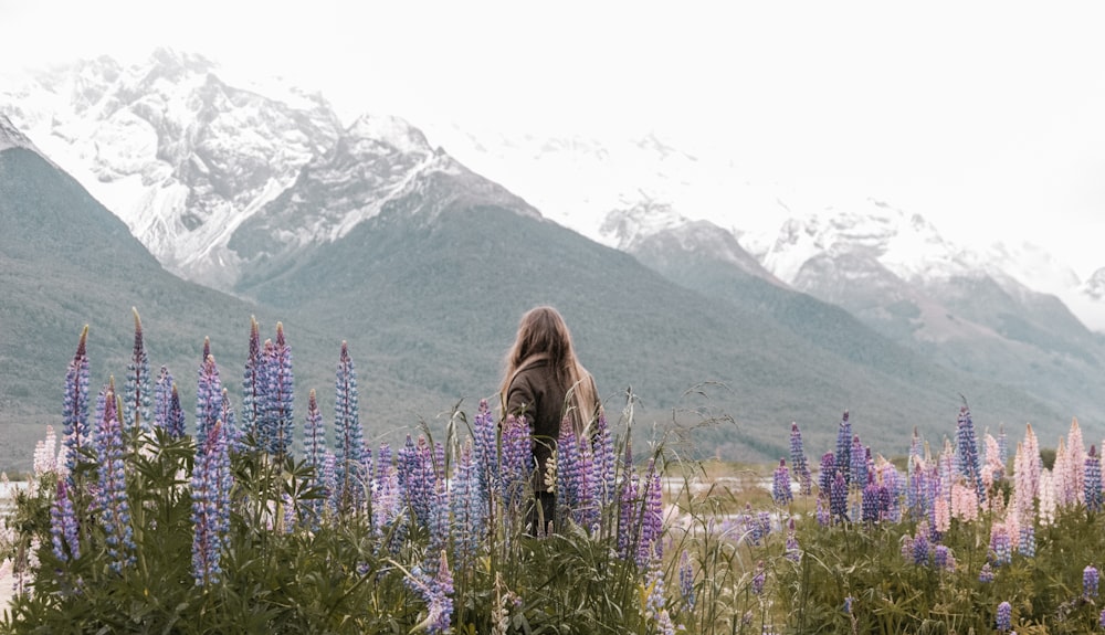 person standing near purple flowers