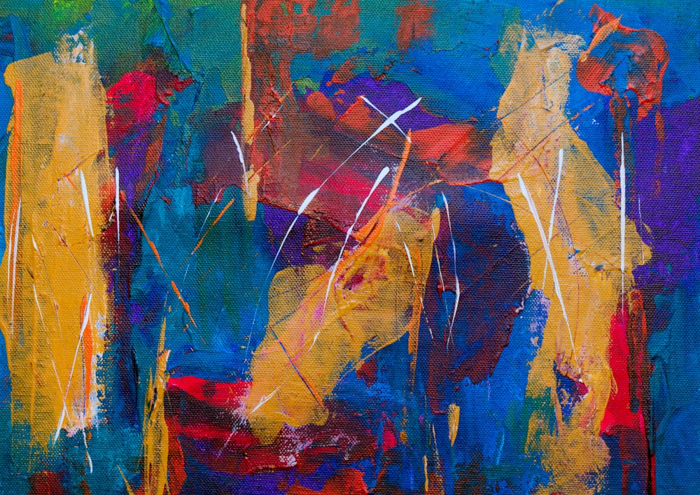 peinture abstraite jaune, bleu, violet, rouge et vert