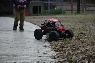 A parent and child playing together with a remote control car.