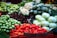 A vibrant display of fresh vegetables and fruits at a local market.