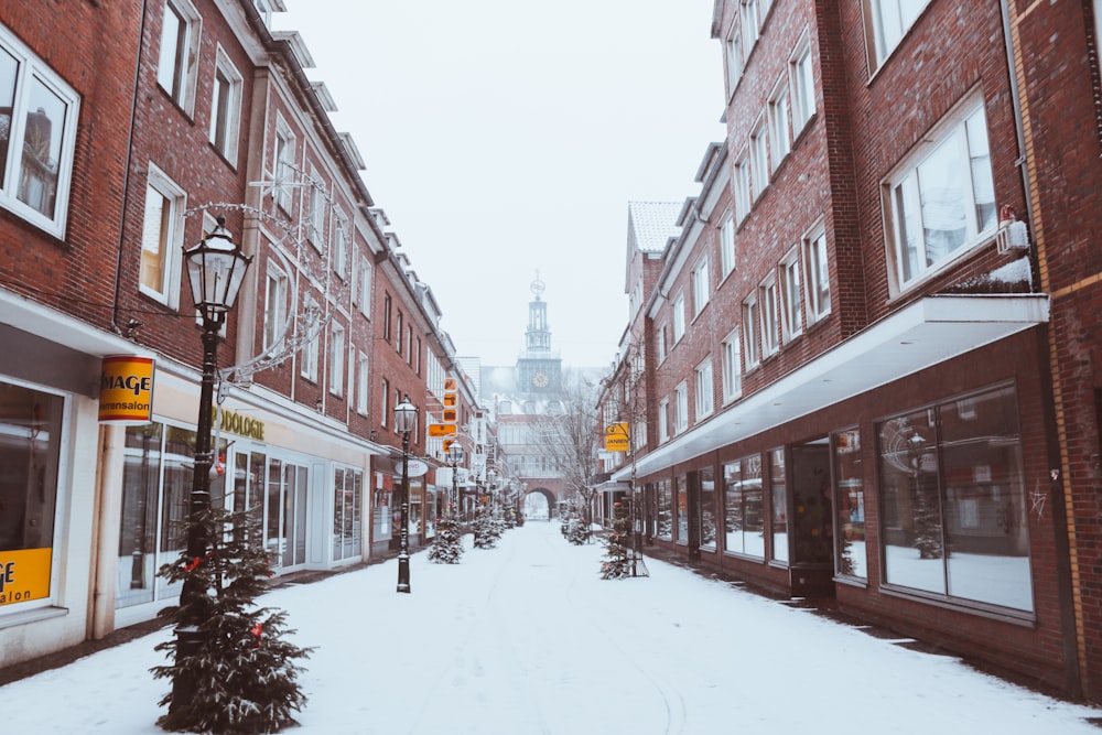 field covered with snow near buildings