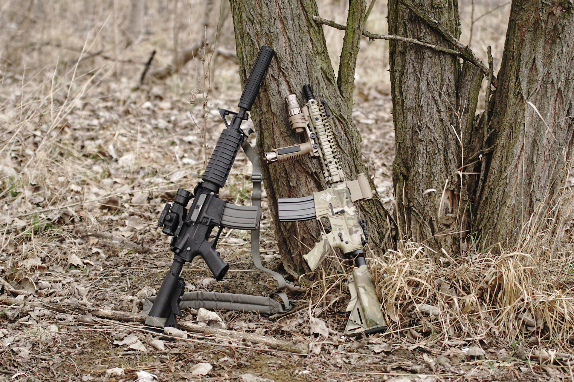 two rifled leaned on tree trunk