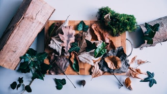 Close-up of fresh amla and neem leaves arranged on a rustic wooden surface.