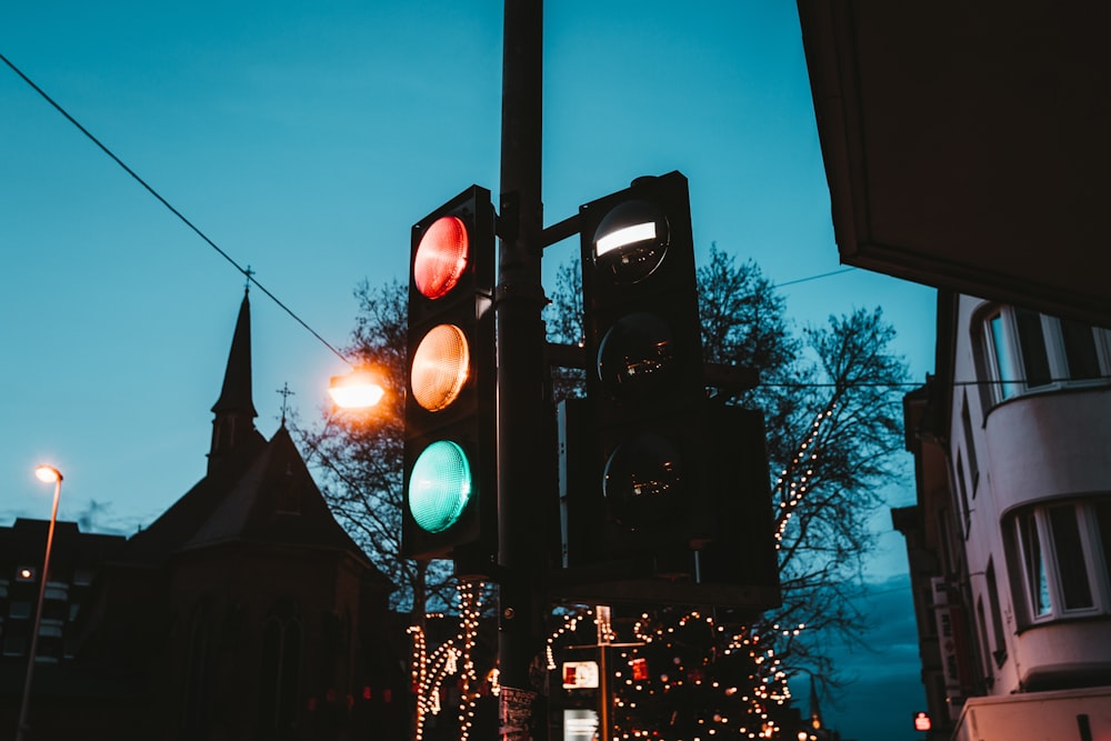lighted traffic light at night