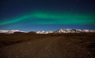 A young traveler gazing at the vibrant aurora borealis over a snowy mountain landscape.