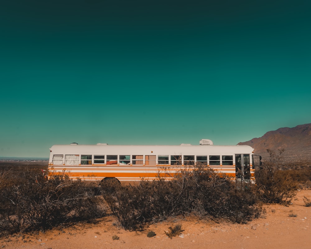 white and yellow bus parked on grass