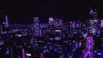 A vibrant futuristic cityscape illuminated with neon lights at dusk.