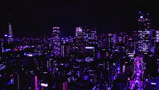 A vibrant futuristic cityscape illuminated with neon lights at dusk.