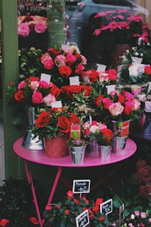 A vibrant display of colorful flowers arranged on a pink table outside a flower shop. The arrangement includes red and pink roses, placed in various pots and metal containers with price tags. The shop window reflects a car and more plant arrangements in the background.